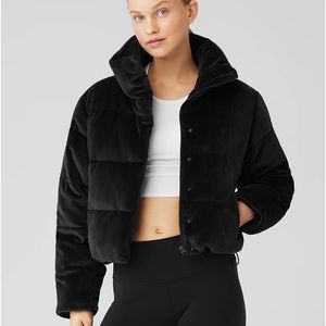 ALO Black Ribbed Velour Gold Rush Puffer NWOT